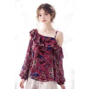 Vintage Y2K Nanette Lepore Burn Out Velvet Top Size S Burgundy Floral Silk Fairy